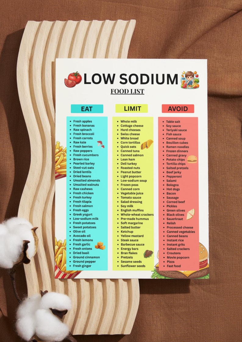 Puede incluir: Una lista de alimentos bajos en sodio con tres columnas: Comer, Limitar y Evitar. La columna Comer enumera frutas frescas, verduras y prote&iacute;nas magras. La columna Limitar incluye l&aacute;cteos, alimentos procesados y snacks.