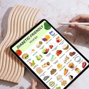 Puede incluir: Una tableta muestra una colorida infograf&iacute;a titulada "SNACKS PARA DIAB&Eacute;TICOS". La imagen presenta ilustraciones de varias opciones de refrigerios, incluidos frutas, verduras y fuentes de prote&iacute;nas. Una mano sostiene un l&aacute;piz &oacute;ptico cerca de la pantalla.