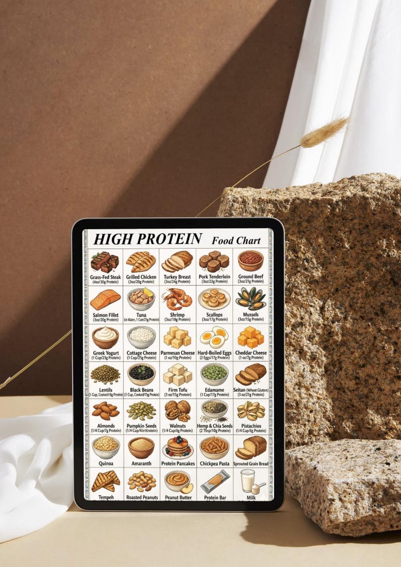 May include: A digital tablet displays a "HIGH PROTEIN Food Chart" with various food items like steak, chicken, and eggs. The chart is set against a neutral background with a textured stone and a white cloth.