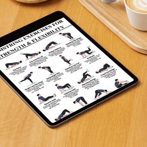 K&ouml;nnte beinhalten: Ein digitales Tablet zeigt eine &Uuml;bersicht mit dem Titel Hamstring Exercises for Strength & Flexibility, die zw&ouml;lf illustrierte Figuren bei verschiedenen Bewegungen mit beschreibenden Texten und Wiederholungszahlen f&uuml;r jede &Uuml;bung darstellt.
