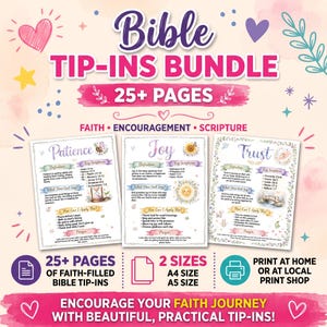 Könnte beinhalten: Ein digitales Paket mit über 25 Bibel-Einlegeblättern zu Glaubensthemen wie Geduld, Freude und Vertrauen. Die Seiten enthalten Definitionen, Schriftstellen und Anwendungsbeispiele. Erhältlich in den Formaten A4 und A5 für den Druck zu Hause.