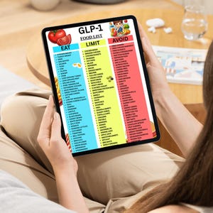 May include: A person holds a tablet displaying a colorful food list categorized as Eat, Limit, and Avoid. The tablet's screen features a tomato graphic and the text "GLP-1 FOOD LIST". The person is seated on a beige surface.