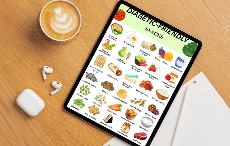 Puede incluir: Una tableta que muestra una lista de refrigerios aptos para diab&eacute;ticos, que incluyen frutas, verduras y fuentes de prote&iacute;nas. La tableta est&aacute; sobre una superficie de madera, junto a una taza de caf&eacute; y auriculares inal&aacute;mbricos.