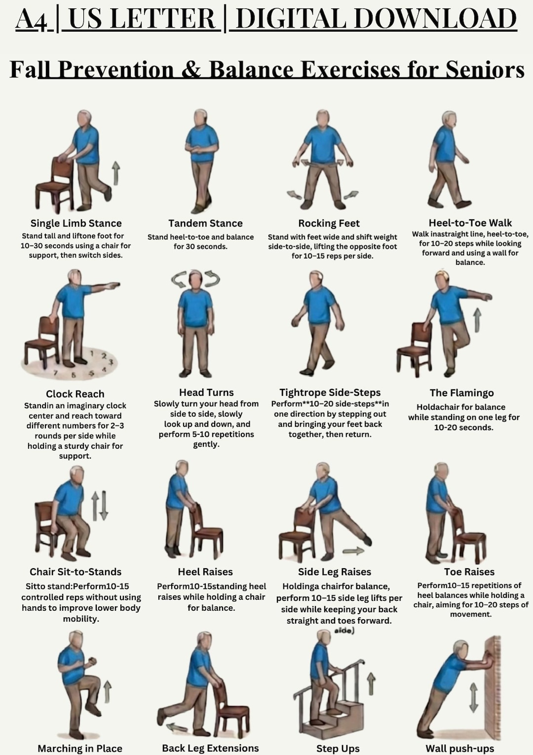 Fall Back Exercise Printable Fall Prevention Balance Exercises for Seniors, Balance ...