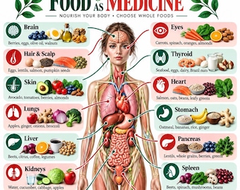 Könnte beinhalten: Ein digitales Download-Diagramm mit dem Titel Food as Medicine, Nourish Your Body, Choose Whole Foods. Es zeigt eine anatomische Darstellung des menschlichen Körpers mit Linien zu Organen, kombiniert mit Symbolen und Listen gesunder Lebensmittel.