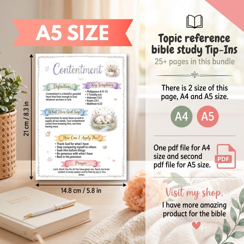 K&ouml;nnte beinhalten: Eine druckbare Bibelstudienseite mit dem Titel Contentment, mit Blumenillustrationen und einem Lamm. Die Seite misst 14,8 cm mal 21 cm. Der Text enth&auml;lt Definitionen, wichtige Schriftstellen, Anwendungsschritte und ein Gebet. Das Set enth&auml;lt A4 und A5.