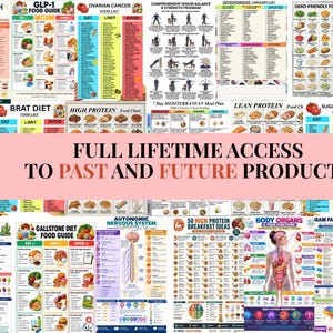 May include: A collection of colorful educational health and nutrition charts featuring diagrams of body systems, food guides, and diet plans. A central pink banner displays the text FULL LIFETIME ACCESS TO PAST AND FUTURE PRODUCTS in black.