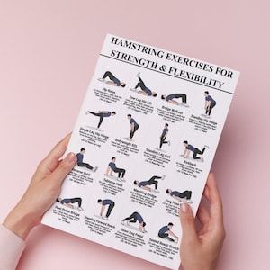 K&ouml;nnte beinhalten: Ein wei&szlig;es &Uuml;bungsblatt mit dem Titel HAMSTRING EXERCISES FOR STRENGTH & FLEXIBILITY, das zw&ouml;lf schwarz-wei&szlig;e Illustrationen einer Person bei verschiedenen Fitness&uuml;bungen zeigt, inklusive beschreibendem Text und Wiederholungszahlen.