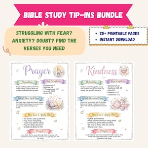 K&ouml;nnte beinhalten: Ein Bibelstudien-Set mit &uuml;ber 25 druckbaren Seiten zum sofortigen Download. Gezeigt werden zwei Seiten mit den Titeln Prayer und Kindness, die Definitionen, Bibelstellen und Anwendungsschritte enthalten, verziert mit Aquarellillustrationen.