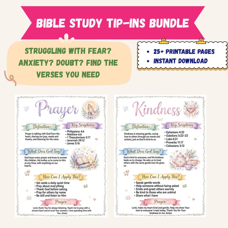 K&ouml;nnte beinhalten: Ein Bibelstudien-Set mit &uuml;ber 25 druckbaren Seiten zum sofortigen Download. Gezeigt werden zwei Seiten mit den Titeln Prayer und Kindness, die Definitionen, Bibelstellen und Anwendungsschritte enthalten, verziert mit Aquarellillustrationen.