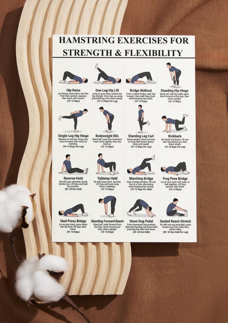 K&ouml;nnte beinhalten: Ein wei&szlig;es &Uuml;bungsposter mit dem Titel HAMSTRING EXERCISES FOR STRENGTH & FLEXIBILITY, das sechzehn illustrierte Figuren zeigt, die verschiedene &Uuml;bungen mit beschreibenden Texten und Wiederholungszahlen f&uuml;r jede Bewegung demonstrieren.