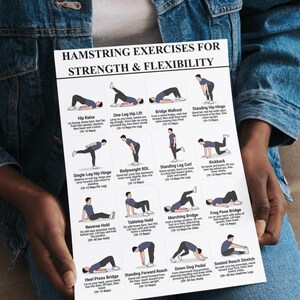 K&ouml;nnte beinhalten: Ein wei&szlig;es Lehrplakat mit dem Titel Hamstring Exercises for Strength & Flexibility, das zw&ouml;lf schwarz-wei&szlig;e Illustrationen einer Person bei verschiedenen &Uuml;bungen zeigt, inklusive beschreibendem Text und Wiederholungszahlen f&uuml;r jede Bewegung.