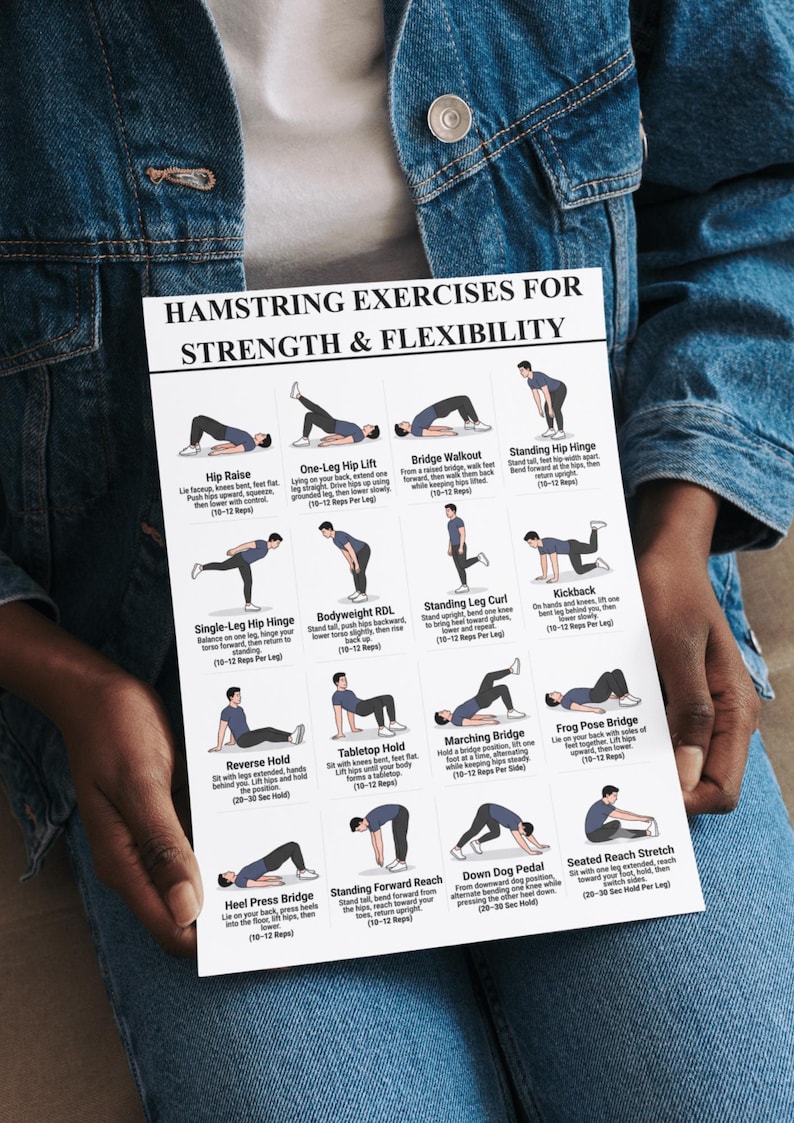 K&ouml;nnte beinhalten: Ein wei&szlig;es Lehrplakat mit dem Titel Hamstring Exercises for Strength & Flexibility, das zw&ouml;lf schwarz-wei&szlig;e Illustrationen einer Person bei verschiedenen &Uuml;bungen zeigt, inklusive beschreibendem Text und Wiederholungszahlen f&uuml;r jede Bewegung.