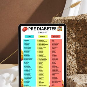 May include: A tablet displays a "Pre Diabetes Food List" with three columns: "Eat," "Limit," and "Avoid." The list includes various food items, such as spinach, broccoli, and carrots under "Eat."