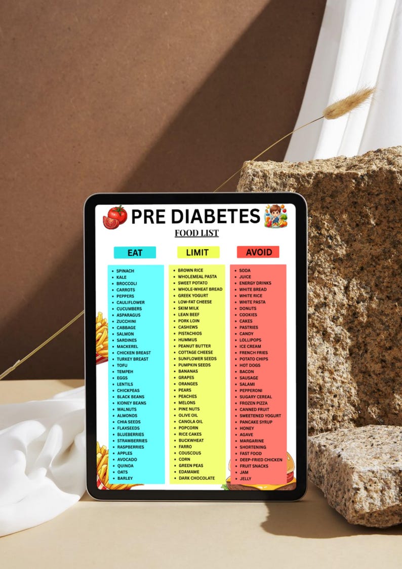 May include: A tablet displays a "Pre Diabetes Food List" with three columns: "Eat," "Limit," and "Avoid." The list includes various food items, such as spinach, broccoli, and carrots under "Eat."