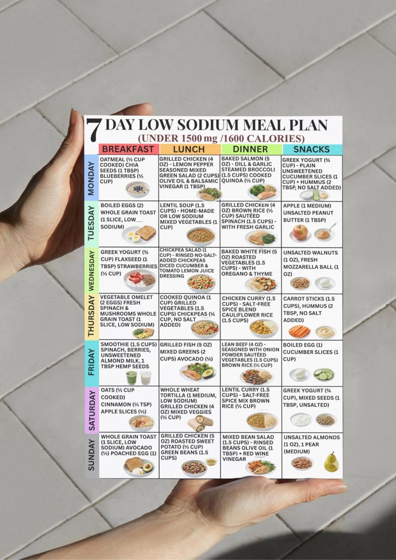 Low Sodium Meal Plan 7 Day, Low Salt Diet for Hypertension, High Blood Pressure, Diabetes, Low ...