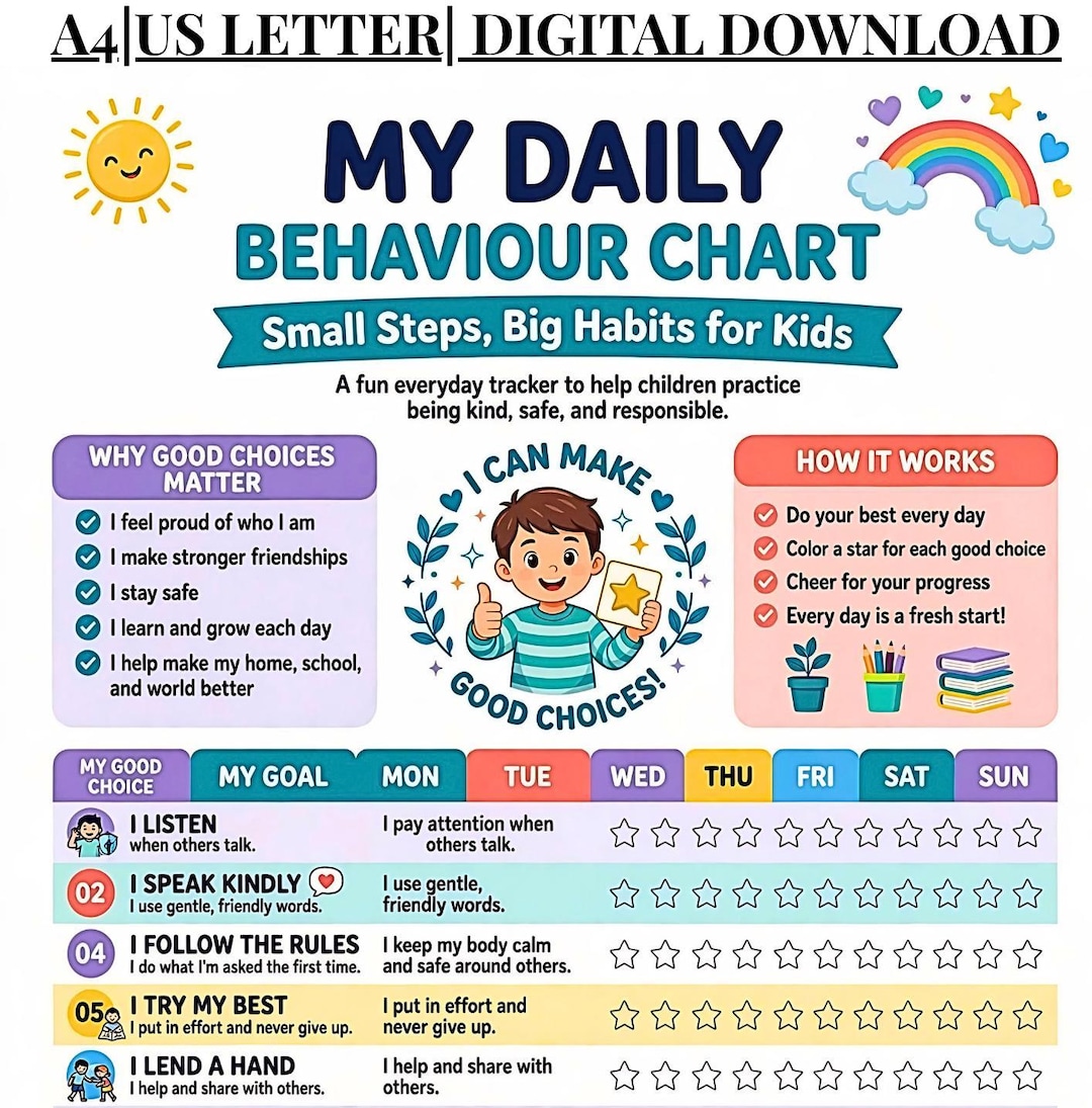 Behaviour Routine Chart My Daily Behavior Chart for Kids Printable, Positive Choices Reward ...