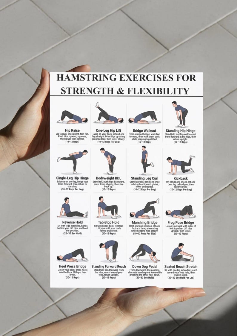 K&ouml;nnte beinhalten: Ein wei&szlig;es Lehrplakat mit dem Titel Hamstring Exercises for Strength & Flexibility, das sechzehn schwarz-wei&szlig;e Illustrationen einer Person bei verschiedenen &Uuml;bungen mit beschreibendem Text und Wiederholungszahlen f&uuml;r jede Bewegung zeigt.