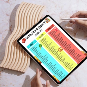 May include: A digital tablet displays a "Senior Friendly Food List" with "Eat," "Limit," and "Avoid" sections. The tablet is held by hands, with a wooden decorative piece in the background. A stylus is also visible.