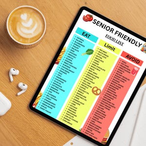 May include: A digital tablet displays a "Senior Friendly Food List" with "Eat," "Limit," and "Avoid" sections. The list includes food items like oatmeal, salmon, and red meat. A cup of coffee and wireless earbuds are on the wooden surface.