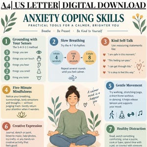 以下が含まれることがあります： A4およびUSレターサイズの「Anxiety Coping Skills」と題されたデジタルダウンロード用ポスター。グラウンディング、呼吸法、自己対話、マインドフルネス、運動、表現、気晴らしに関するテキストとアイコンが記載された7つの番号付きセクションで構成されています。