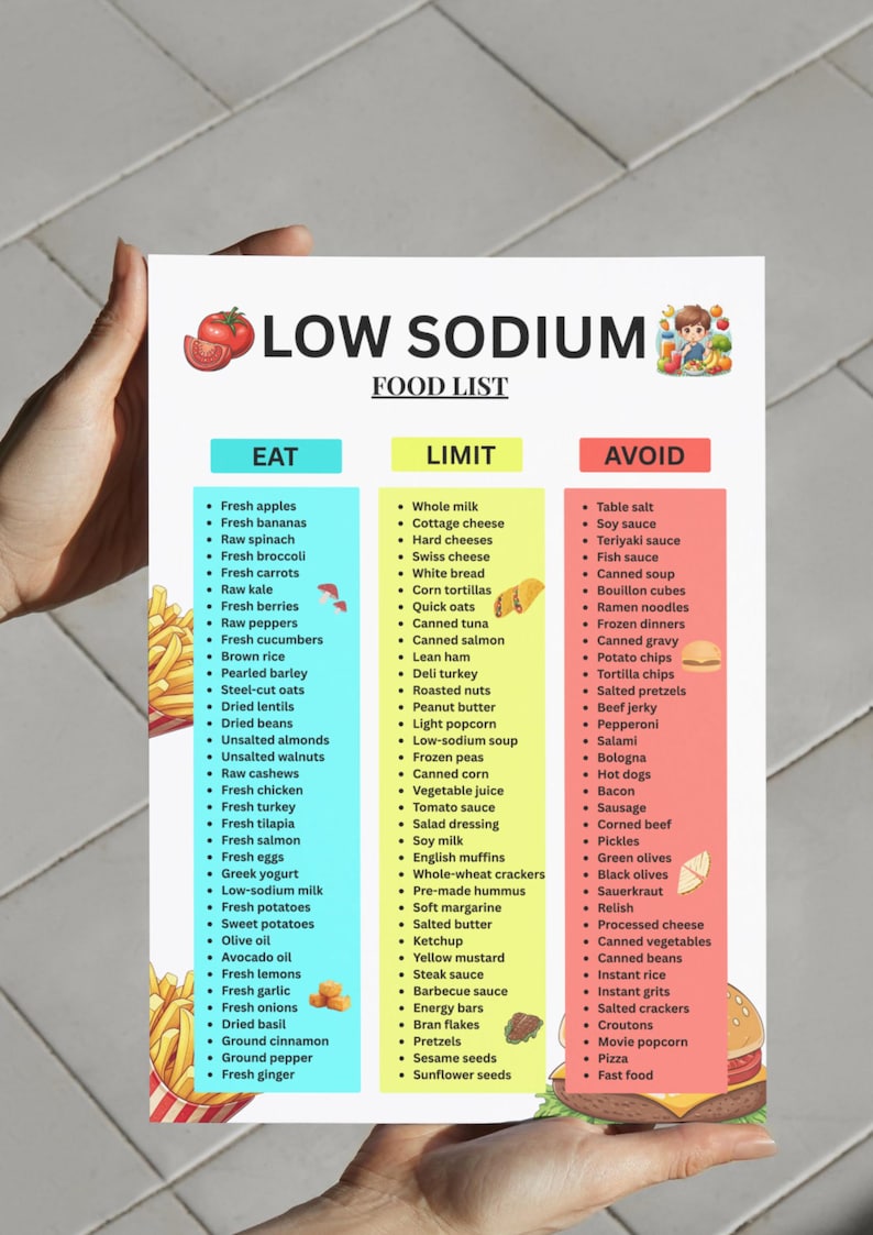Puede incluir: Una lista de alimentos bajos en sodio con tres columnas: Comer, Limitar y Evitar. Comer enumera frutas, verduras y prote&iacute;nas magras. Limitar incluye l&aacute;cteos y carnes procesadas. Evitar enumera alimentos con alto contenido de sodio.