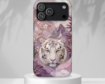 White Tiger Phone Case, Cherry Blossom Art Cover, Japanese Mountain Aesthetic, Wildlife Protective Case Gift