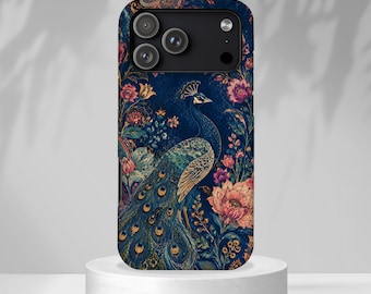 Peacock Floral Tough Phone Case, Antique Indigo Gold Art Cover for iPhone Samsung, Botanical Aesthetic Boho Cottagecore Nature Lover Gift