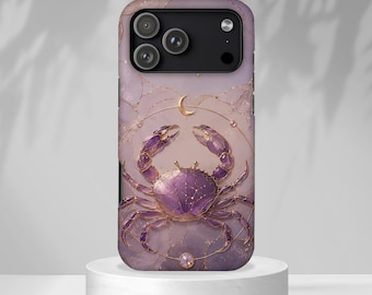 Cancer Zodiac Phone Case, Celestial Crab iPhone Case, Moon Astrology Gift, Lavender Marble Protective Phone Cover