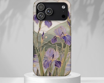 Funda para teléfono con diseño de iris de vidriera, funda floral morada para iPhone, funda con paisaje botánico, funda protectora estilo Art Nouveau.