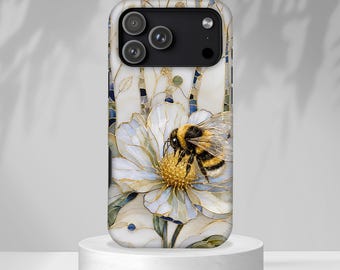 Bumblebee Phone Case, Stained Glass Bee iPhone Case, Floral Botanical Tough Phone Cover, Cottagecore Nature Gift