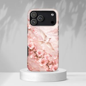 Pink Cherry Blossom Phone Case, Watercolor Bird Art, Romantic Spring Floral Gift