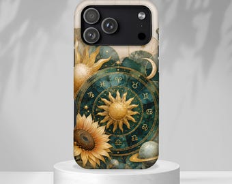 Etui na telefon z motywem niebiańskiego słońca, etui na iPhone'a z kołem zodiaku, etui na telefon z motywem astrologii słonecznika, etui na Samsunga z motywem kosmicznym, prezent dla czarownicy