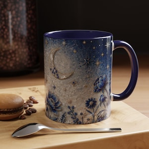 Celestial Mosaic Moon Stars Ceramic Mug, Floral Galaxy Coffee Cup (15oz)