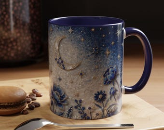 Himmlische Mosaik Mond Sterne Keramikbecher, Floral Galaxy Kaffeetasse (15 Unzen)