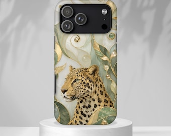 May include: A smartphone case featuring a leopard portrait set against a background of swirling sage green and cream marble patterns with gold leaf accents and small embedded pearl-like spheres surrounding the camera module cutout.