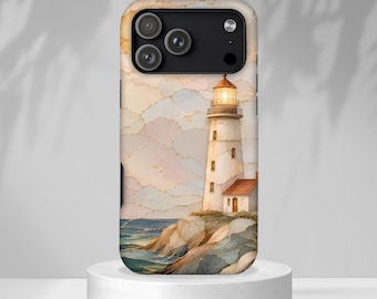Lighthouse Phone Case, Coastal Stained Glass iPhone Case, Beach Ocean Cover, Nautical Protective Case Gift