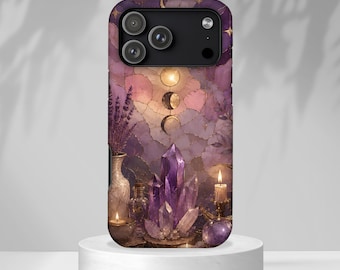 Crystal Moon Phase Phone Case, Witchy Floral iPhone Case, Celestial Crystal Samsung Cover, Mystic Gift for Women