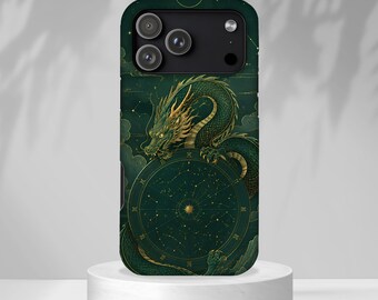 Etui na telefon z motywem niebiańskiego smoka, etui na iPhone'a z witrażowym smokiem, pokrowiec na mapę nieba, etui na telefon w stylu fantasy gotyckim, mistyczny prezent