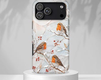 Robin Bird Phone Case, Winter Berries iPhone Case, Red Berry Nature Cover, Cottagecore Bird Lover Tough Case