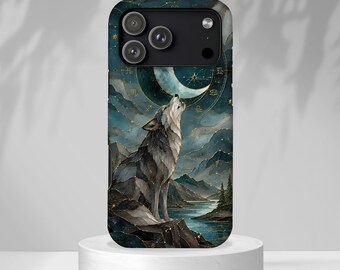 Etui na telefon z motywem księżyca wilka, etui na iPhone'a z motywem niebiańskiego wilka, etui na telefon z nocnym lasem, etui na Samsunga z konstelacją zodiaku, prezent z natury