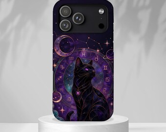 Black Cat Astrology Phone Case, Zodiac Galaxy iPhone Case, Witchy Celestial Samsung Cover, Moon Mystic Gift for Women