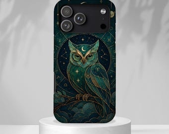 Mondschein Eule Handyhülle, Glasmalerei Eule iPhone Hülle, Himmlische Sternzeichen Hülle, Mystische Waldvogel Hülle, Astrologie Geschenk