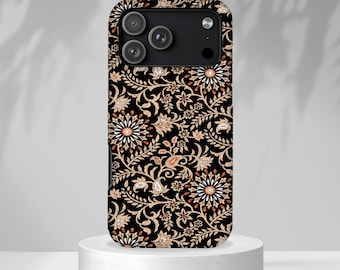Batik Floral Black Ornate Daisies Tough Phone Case | iPhone. Samsung Galaxy, Pixel