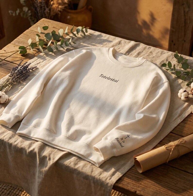 May include: Cream-colored sweatshirt with the word "Tetelestai" printed on the chest. The right sleeve has the words "It is Finished" and a cross. The sweatshirt is displayed on a wooden table with decorative elements.