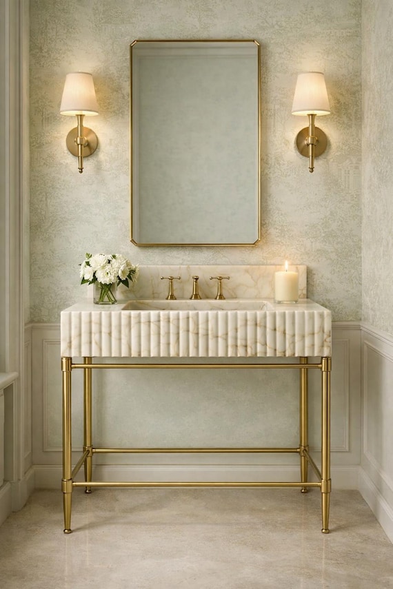 Custom Calacatta Gold Marble Sink - Fluted Vanity Top