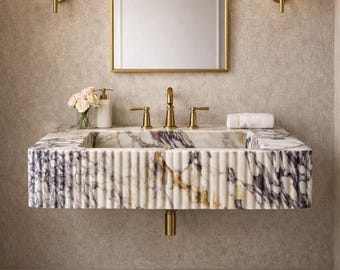 Calacatta Viola Marble Fluted Sink – Luxury Wall Mounted Bathroom Vanity Basin, Custom Powder Room Designer Stone Sink