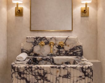 Calacatta Viola Marble Wall Mount Sink – Fluted Bathroom Vanity Basin for Luxury Powder Rooms – Real Natural Marble Hand Carved Design