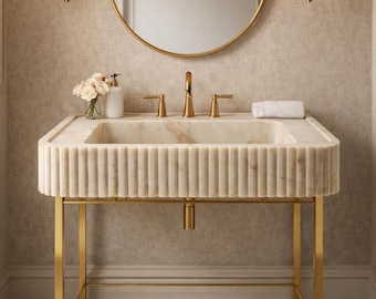 Lavabo cannelé en marbre Calacatta Gold - Console de meuble-lavabo de luxe, lavabo en pierre de salle d'eau personnalisé, montage mural ou plan de travail