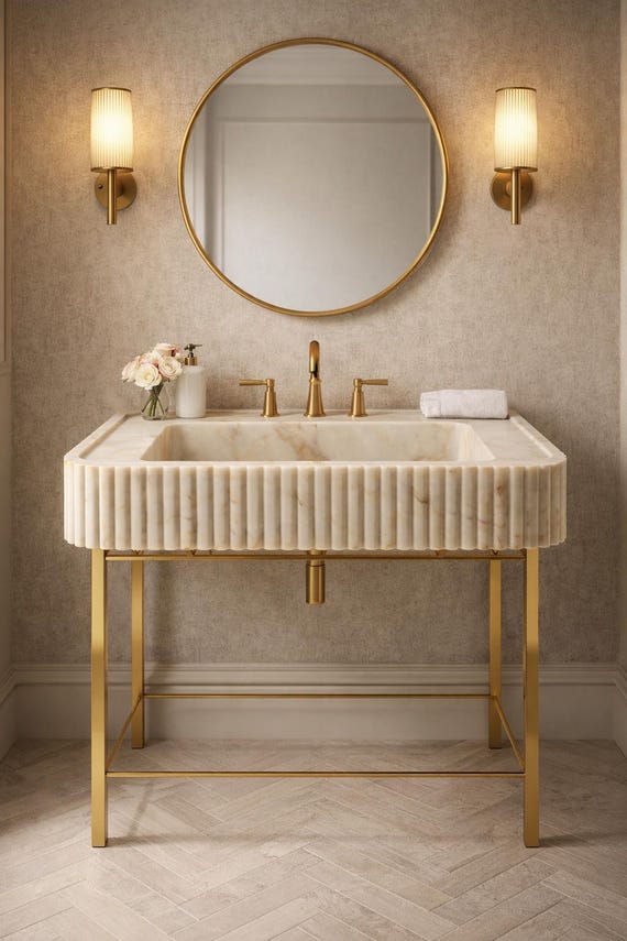 Calacatta Gold Marble Fluted Sink – Luxury Bathroom Vanity Console, Custom Powder Room Stone Basin, Wall Mount or Countertop